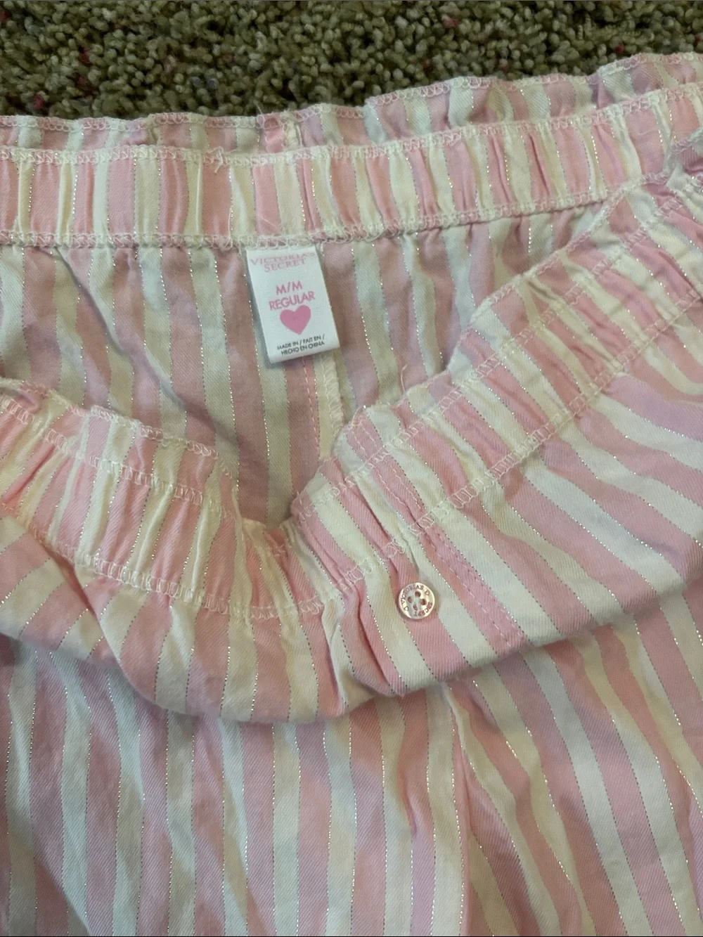 Victoria's Secret Pink White Striped Cotton Shimmer Pajama Set 2 PC Medium